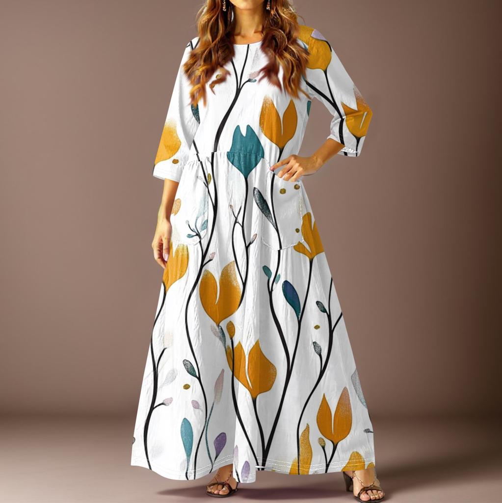 Women's Casual Fashion Vintage Floral Print Three-quarter Sleeve Long Dress With Pockets
