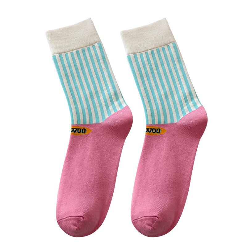 Ladies Spring and Autumn Trend Personality Lovely Vertical Stripe Color Contrast Letter Tube Socks