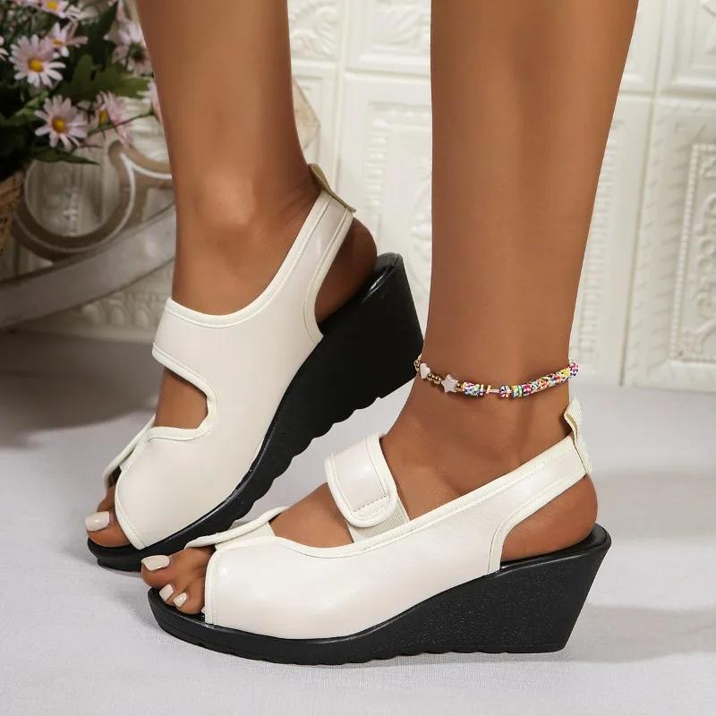 2025 Summer Peep Toe Women's Sandals Elastic Band New Casual Comfortable Plus Size Best Seller Wedge Sandals Zapatos