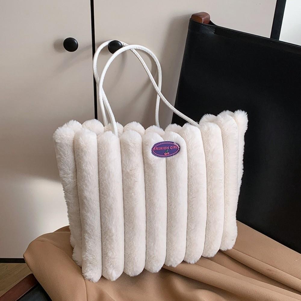 Stripe Plush Shoulder Bag Portable Commuting Handbag Polyester Furry Tote Bag  Women