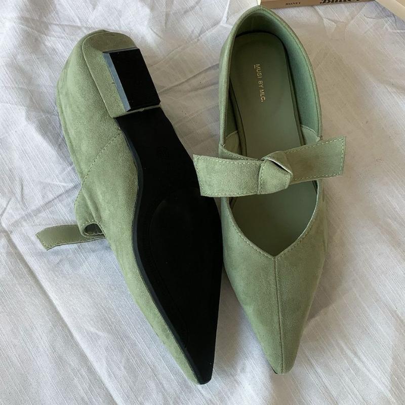 Satin Pointed Toe Mary Jane Bow Knitted Flats Shallow Comfortable Chunky Heel Women's Casual Shoes Elegant Design Ballet Shoes