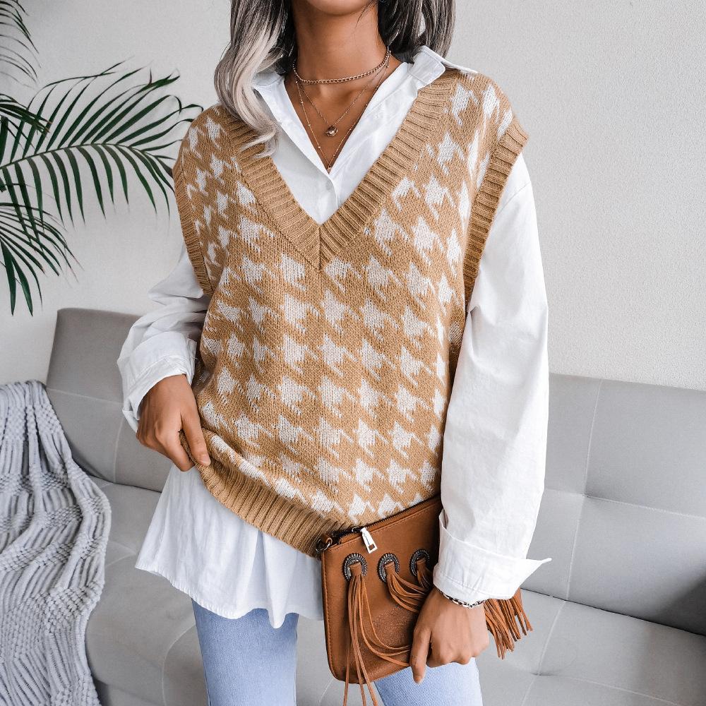 DAFIFY Naiste moe vabaaja Houndstooth Print sügistalvised varrukateta V-kaelusega kootud vestid