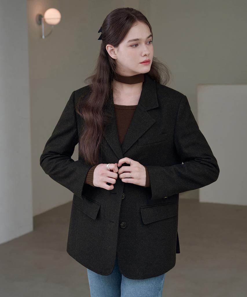Drawfit Women Diagonal Brush Woolen Single Blazer [Mocha]