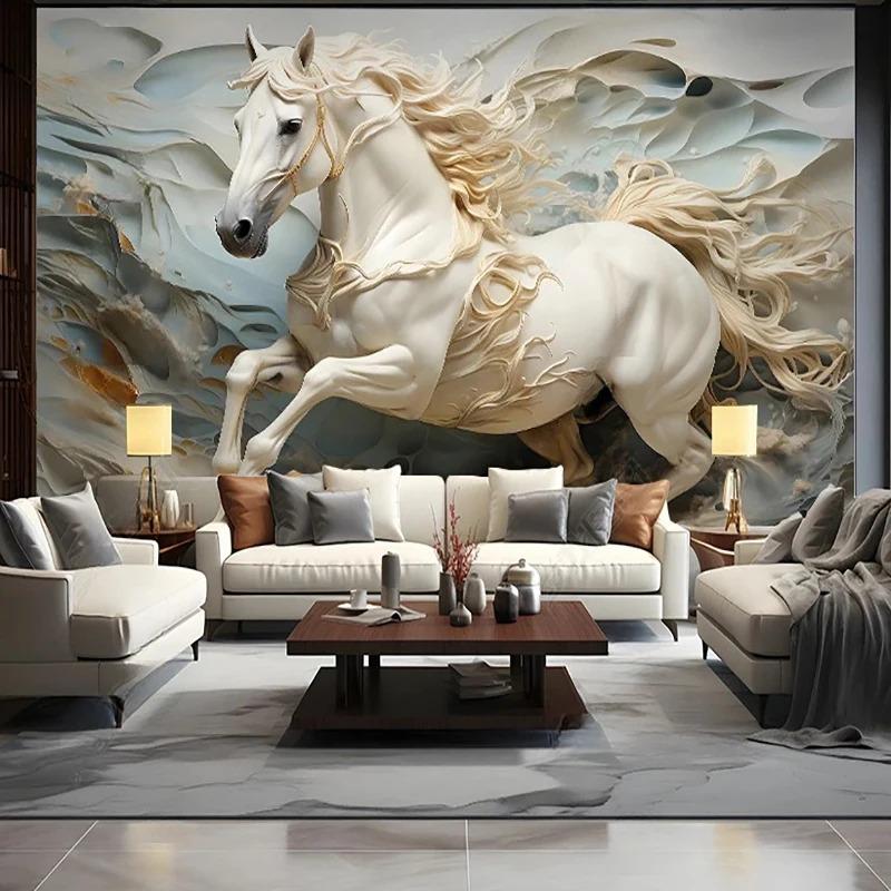 Modern Photo Wallpaper White Horse Stone Relief Mural Living Room Bedroom Background Wall Painting Home Decor
