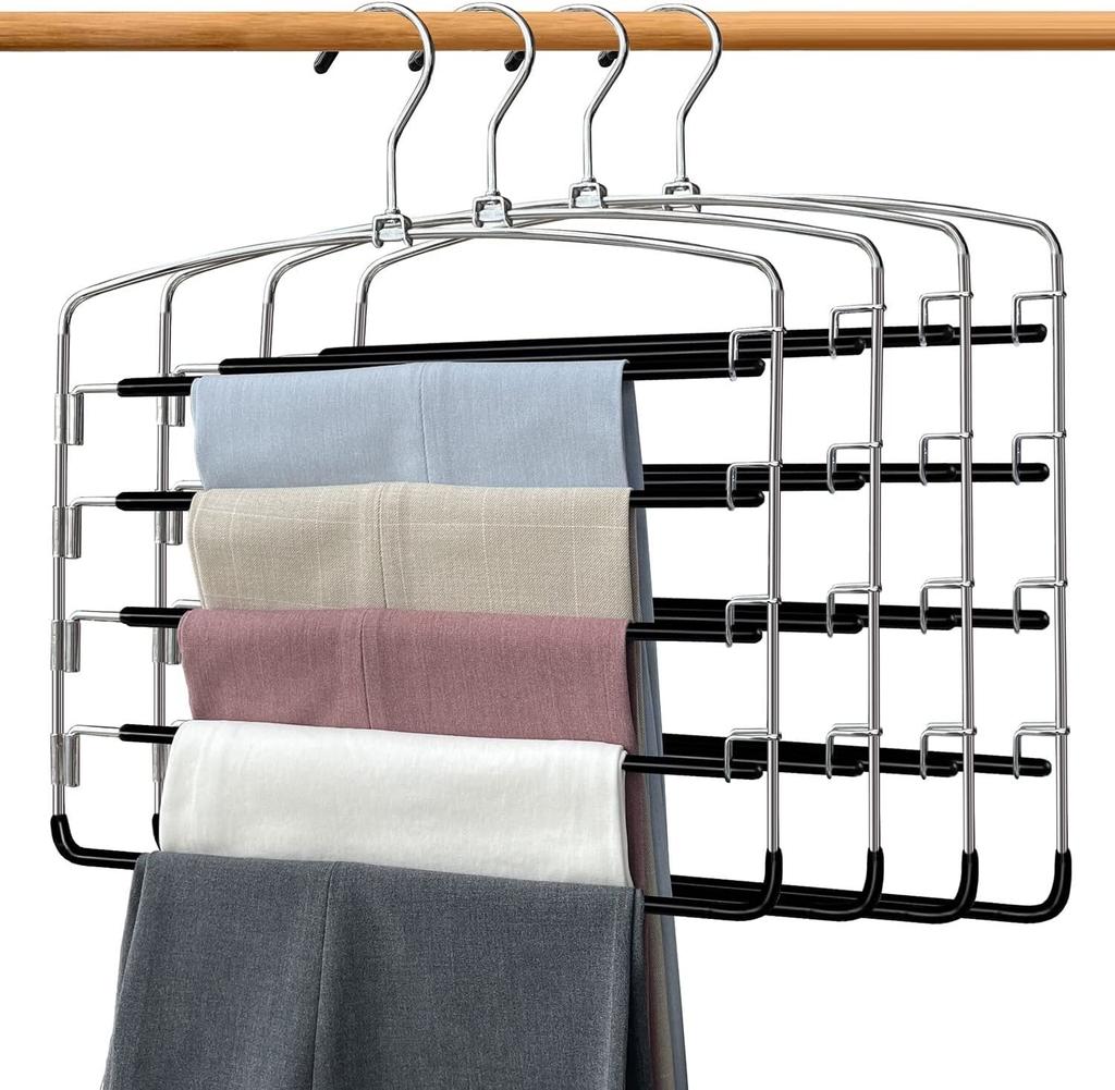 Pant Hanger 4-piece Set, Swing-arm Pants Rack, Space-saving Pant Hanger, 5-layer Non-slip Jeans Hanger