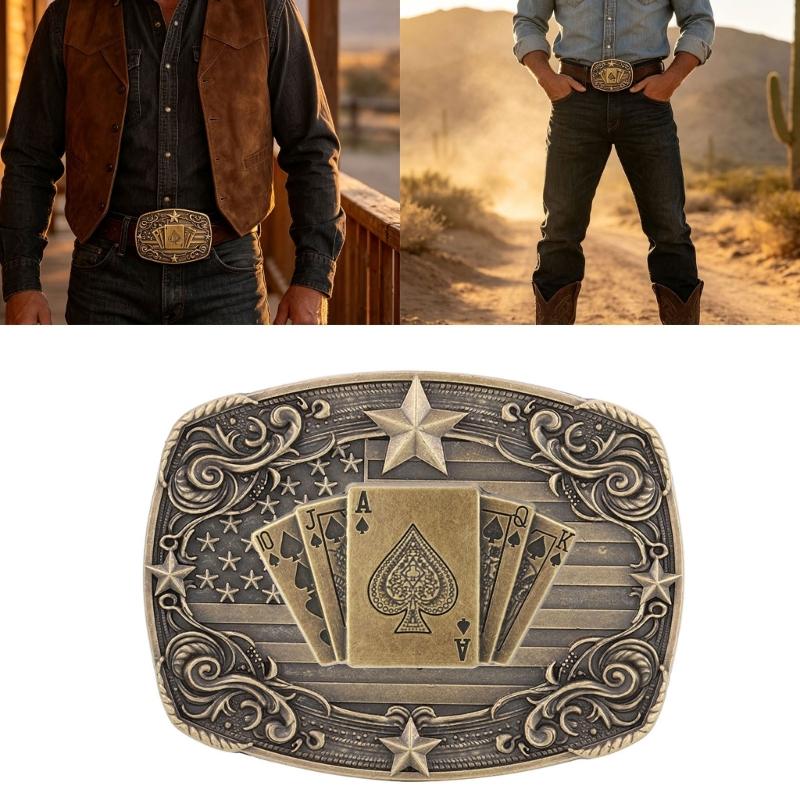 Western Engraved Decorative Belt Buckle, Metal Card and Star Motif, Single Buckle for Belt Update and Daily Styling