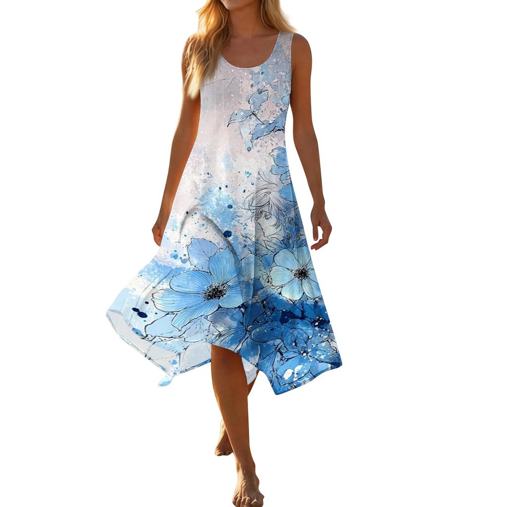 Sleeveless Floral Print Midi Dress for Women Lightweight A Line Summer Sundress Casual Scoop Neck Flowy Hem
