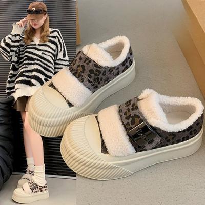 2024 Winter Women's Thick-soled Leopard Print Sneakers Comfortable and Warm Cotton Shoes Plush Leisure Travel Women Sport Shoes