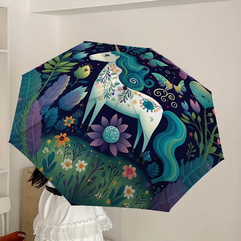 1 Stück Fantasy Einhorn Automatischer Faltregenschirm - Kompaktes 8-Rippen-Design, Langlebiger Kunststoff & Eisen, Leicht für den Täglichen Außenbereich, Festliches Geschenk005