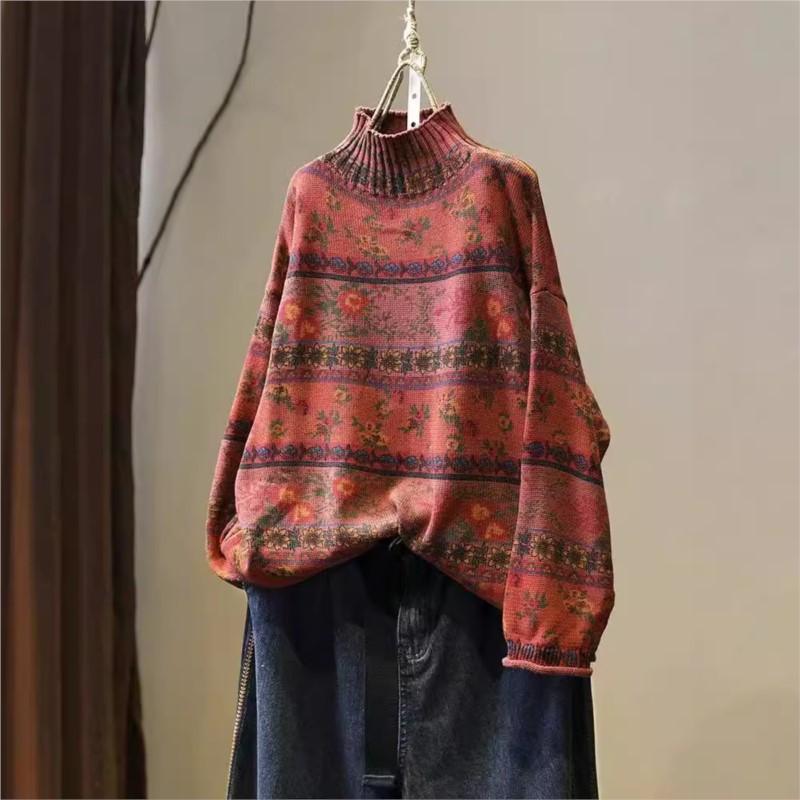 Korejský Vintage květinový potisk Mock Neformální Volný Svetr Žena Podzimní Móda Svetr s dlouhým rukávem