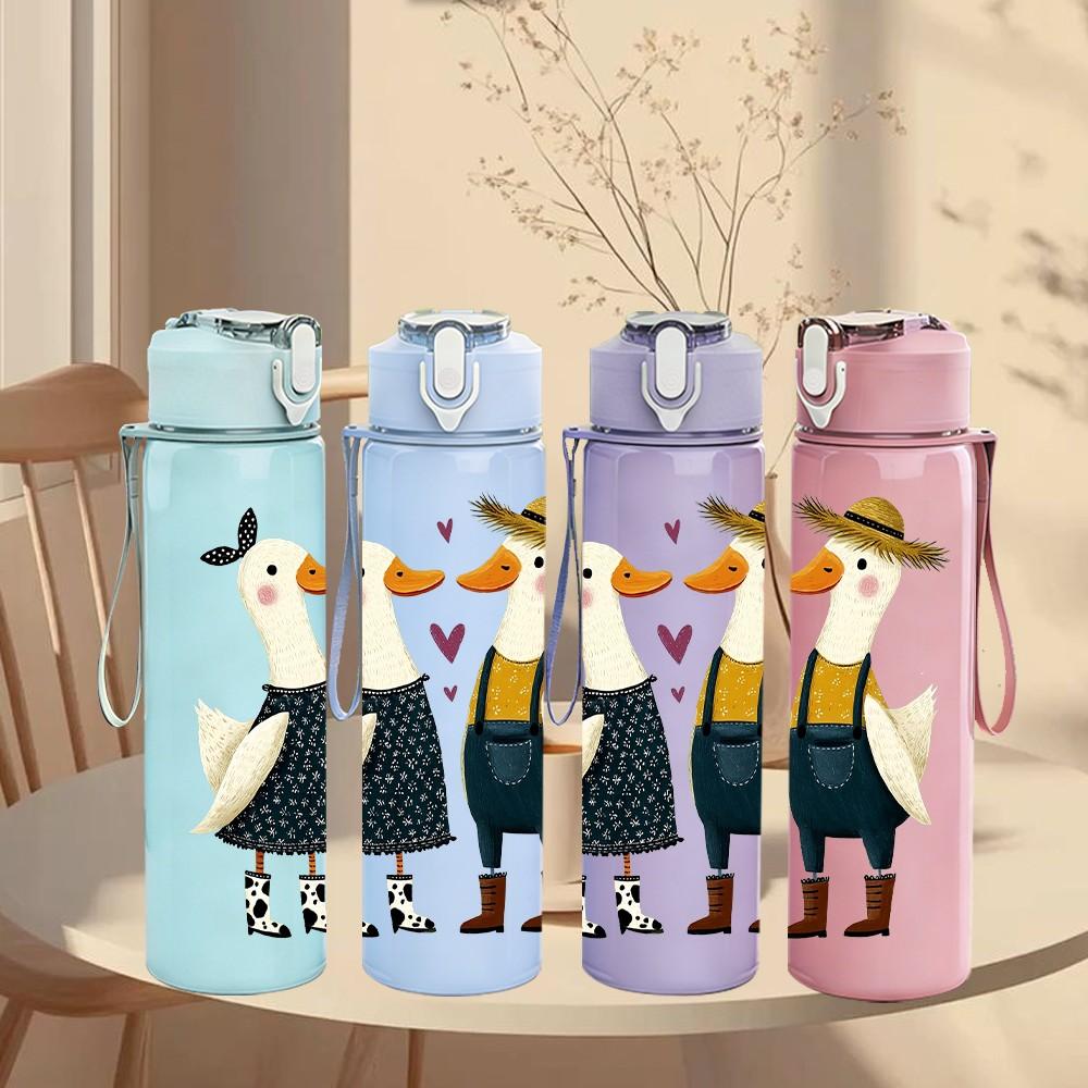 1PC Duck Couple Formal Cartoon 750ml Color Plastic Sports Water Bottle Leakproof Flip Straw Lid Suitable for Sports Office Home Use