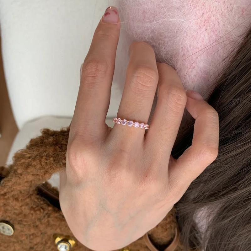 Stylish Sakura Pink Half Circle Zirconia Ring For Women Adjustable Copper Geometry