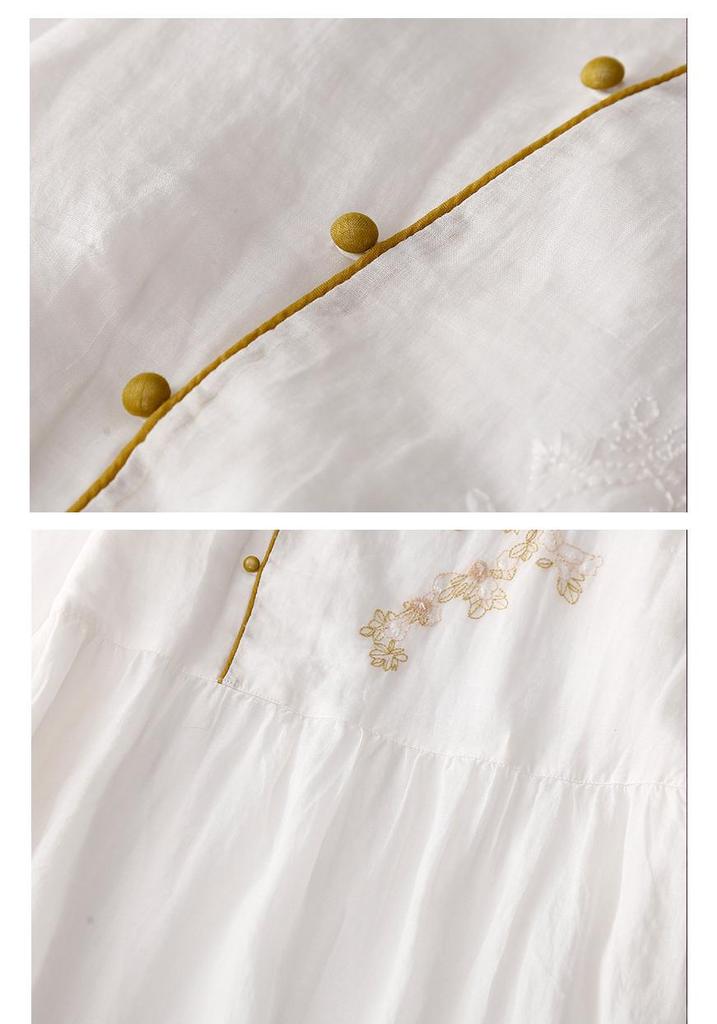 Abito Retro Estivo da Donna 2026 con Scollo Incrociato Ricamato in Cotone e Lino con Collo alla Coreana e Maniche a Tre Quarti