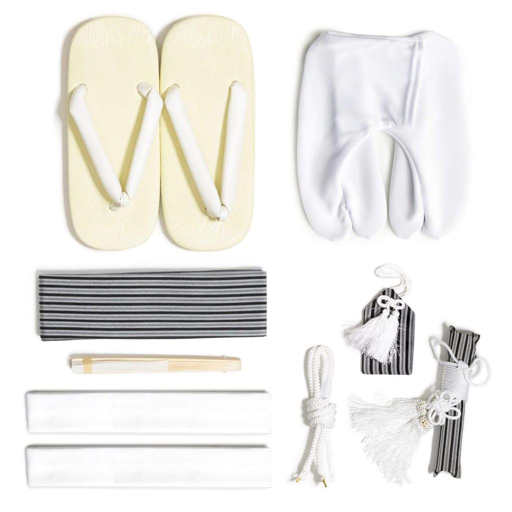 Kimono Set with Black Pattern and Montsuki Design Haori Folding Pocket Geta Two Waist and Tabi for Boys [KYOETSU] 12-Piece (Haori, Kimono, Nagajuban,