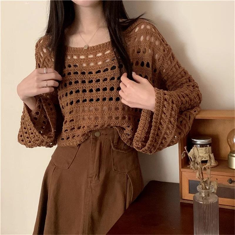 Summer loose lazy horn sleeve air-conditioning shirt hollow thin breathable blouse grid short knitted top women