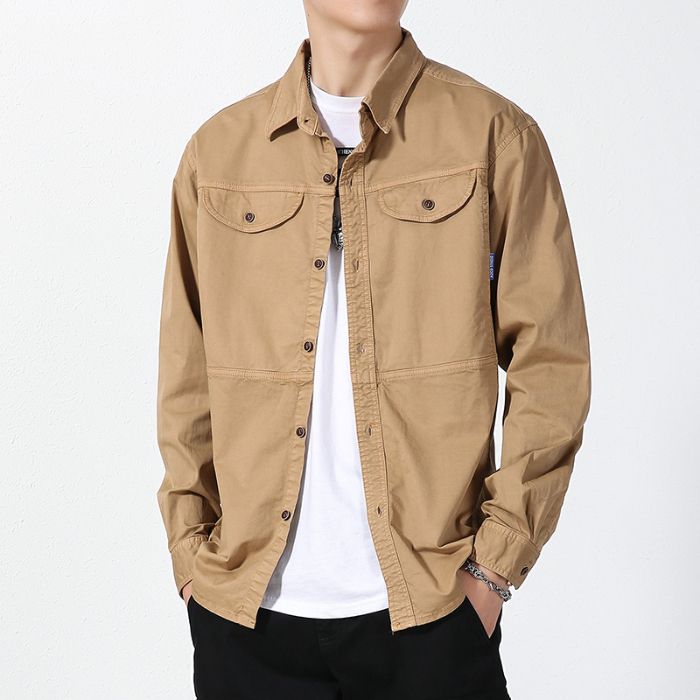 Men's Casual Long-Sleeved Shirt Trendy Brand Loose Fit Cotton Stretch Versatile Cargo Jacket Autumn Top