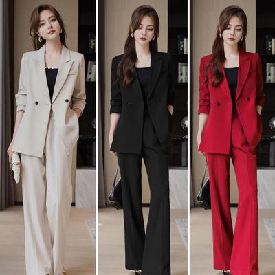 3 Pcs/Set Lady Formal Suit Coat Pants Set Turn-down Collar Button Decor Long Sleeves Jacket Loose Pure Color Trousers Casual Commuting Business Outfit