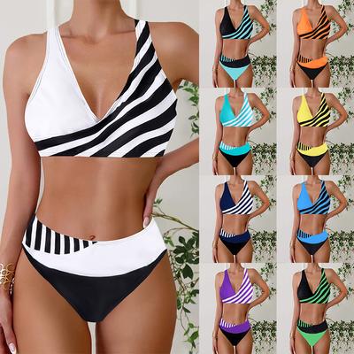 Women's Halter Half Edge Stripe Print Bikini Tankini Swimsuit