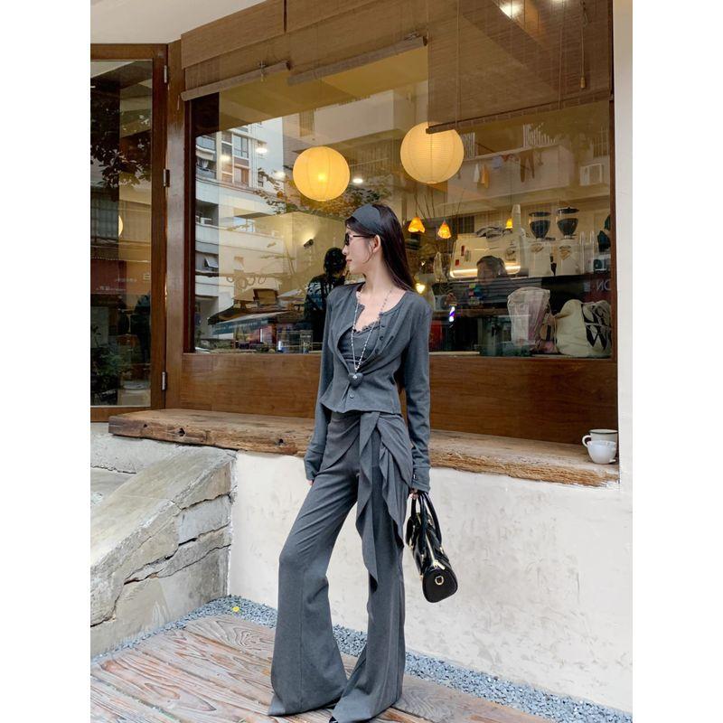 Kumikumi Fashion Suit Short Long Sleeves Cardigan Women's Bottoming Small Slip Top Autumn Lace-up Casual Pants Three-Piece Set