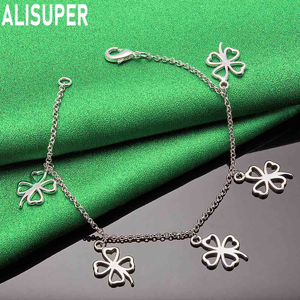 925 Sterling Silver Four-Leaf Clover Side Chain Exquisite Bracelet Gift Jewelry
