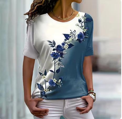 2024 New Women's T-Shirt Fashion Crew Neck Flower Printing Casual Daily Women's Top Summer Trend Loose