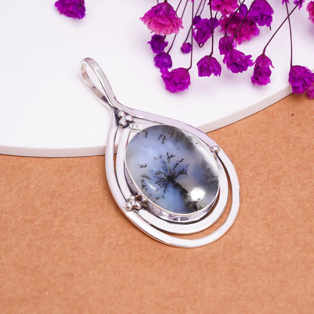 Dendritic Agate - Brazil 925 Sterling Silver Pendant V8253, White Pendant, Oval Pendant, Valentin's Day Gift, Gift For Her, Birthday Gift, Handmade Je