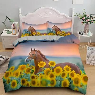 Copripiumino 3D Cavallo Misura King Queen Girasole Giallo Set Biancheria da Letto Tema Floreale Animale Copripiumino Fauna Selvatica Copripiumino Morbido