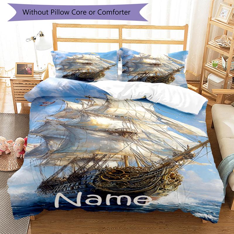 3pcs Custom Name Sailboat Bedding Set Duvet Cover Closure Includes 1 Duvet Cover & 2 Pillowcases, Soft and Comfortable for All Seasons.
