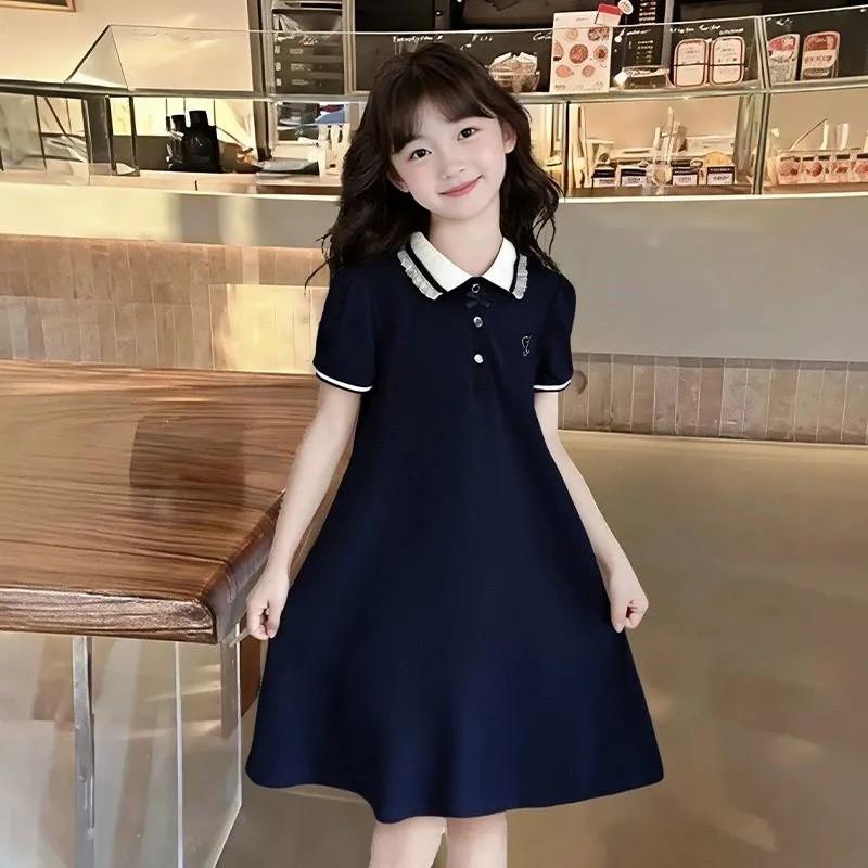 Girls Polo Collar Short Sleeve Dress Preppy Style A-Line Skirt Kids Over 4 Years Old