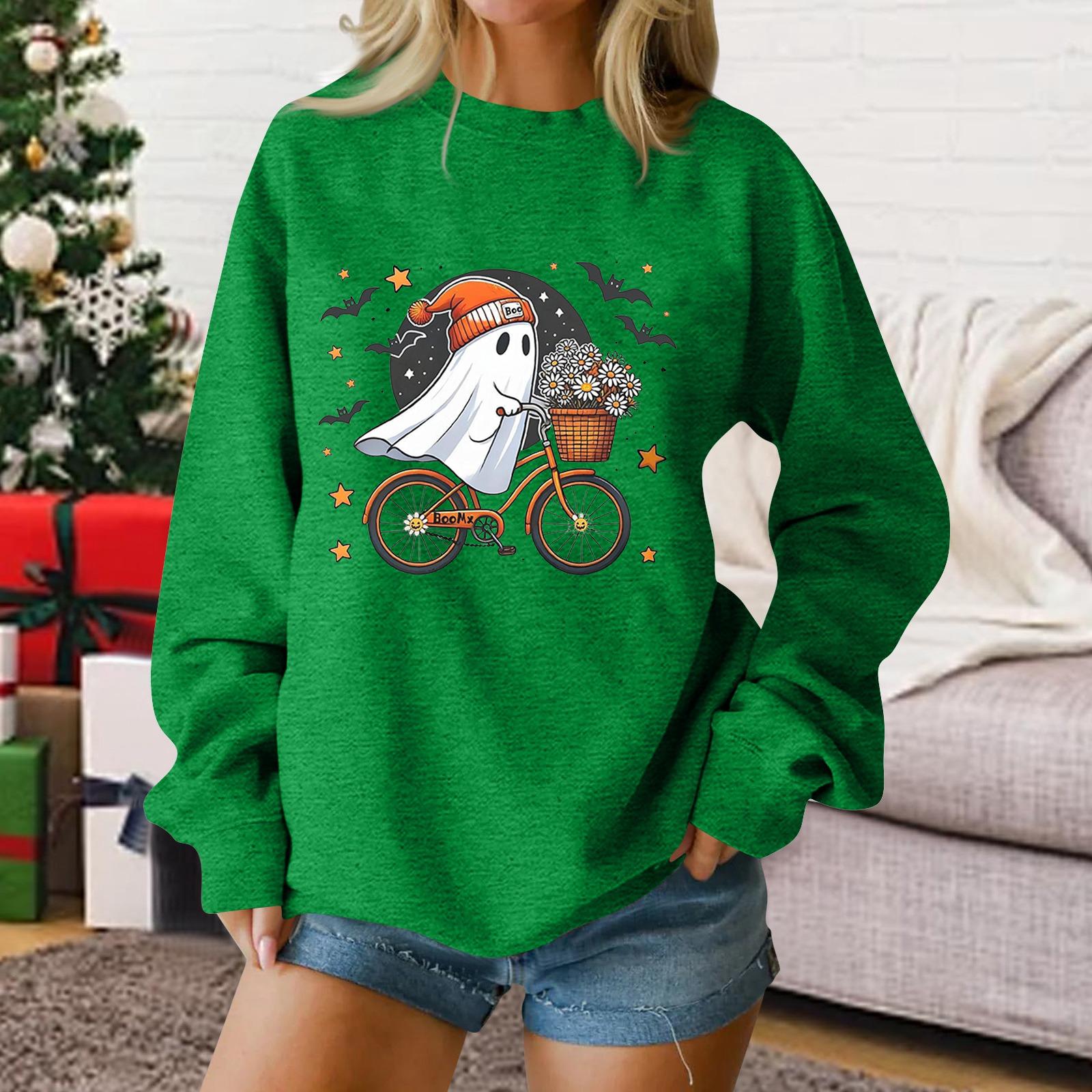 Ladies fashion casual Halloween printed pullover sweater S зелёный