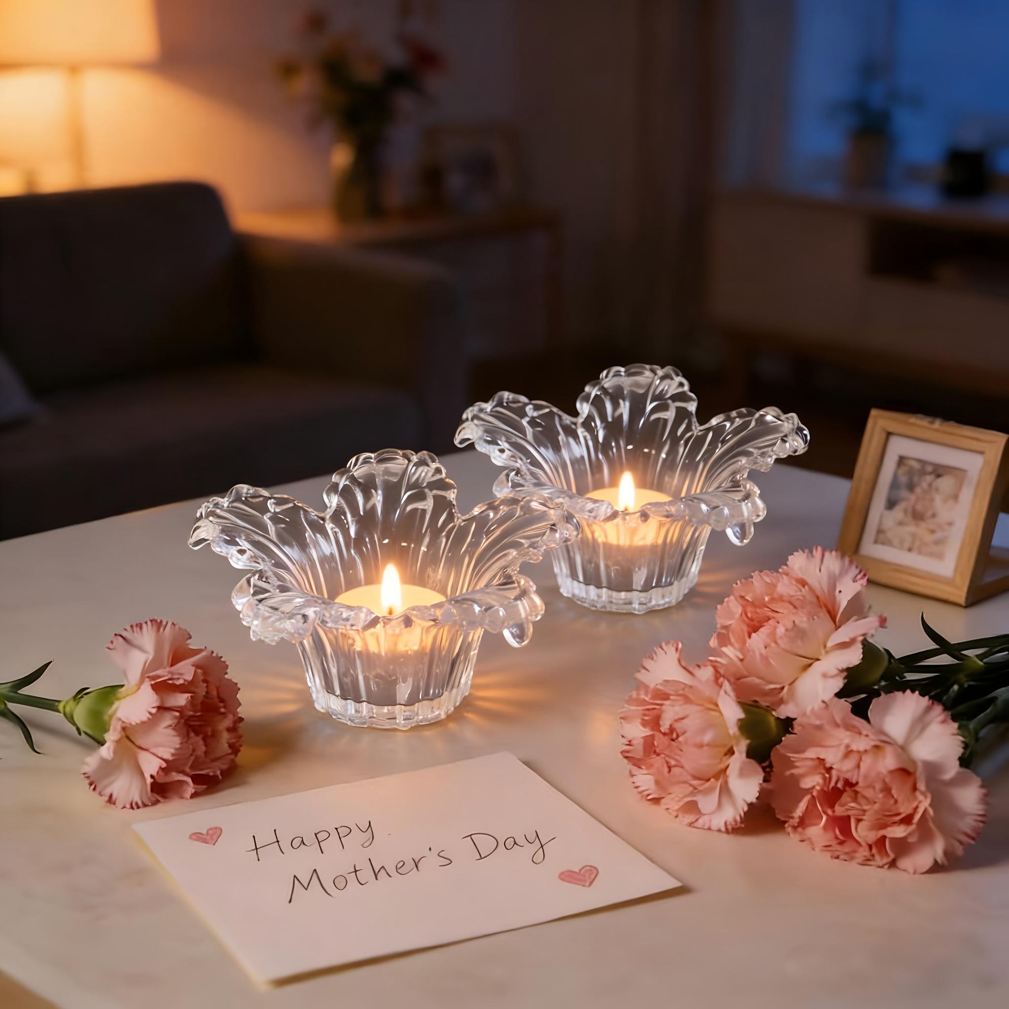2Pcs Glass Candle Holders Flower-Shaped Transparent Crystal Candle Holders Mother S Day / Home Decoration / Candlelight Dinner Ambiance Decor 2Pcs Candle Holders