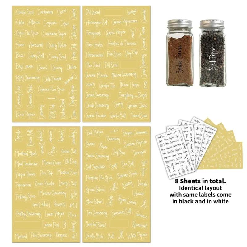 8sheet/set Transparent Spice Labels Preprinted Waterproof Black White Letter Kitchen Jar Stickers for Cans Self-Adhesive Black