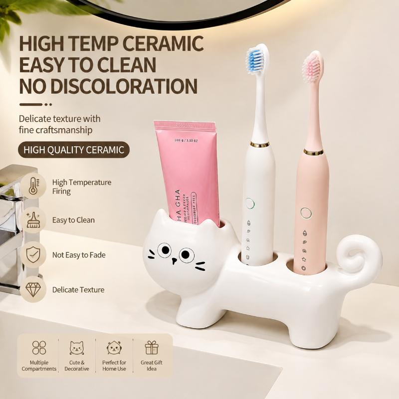 Cute Black Cat Ceramic Toothbrush Holder Multi Compartment Non Slip Base Waterproof for Home Bathroom Decor