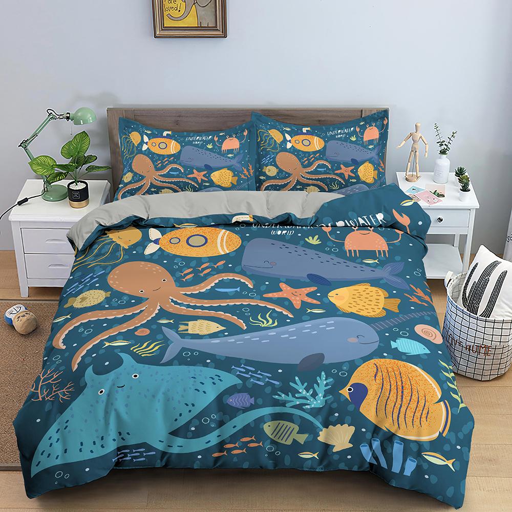 Cartoon Underwater World Sea Animals Bedding Set Boys Girls Twin Queen Size Duvet Cover Pillowcase Bed Kids Adult