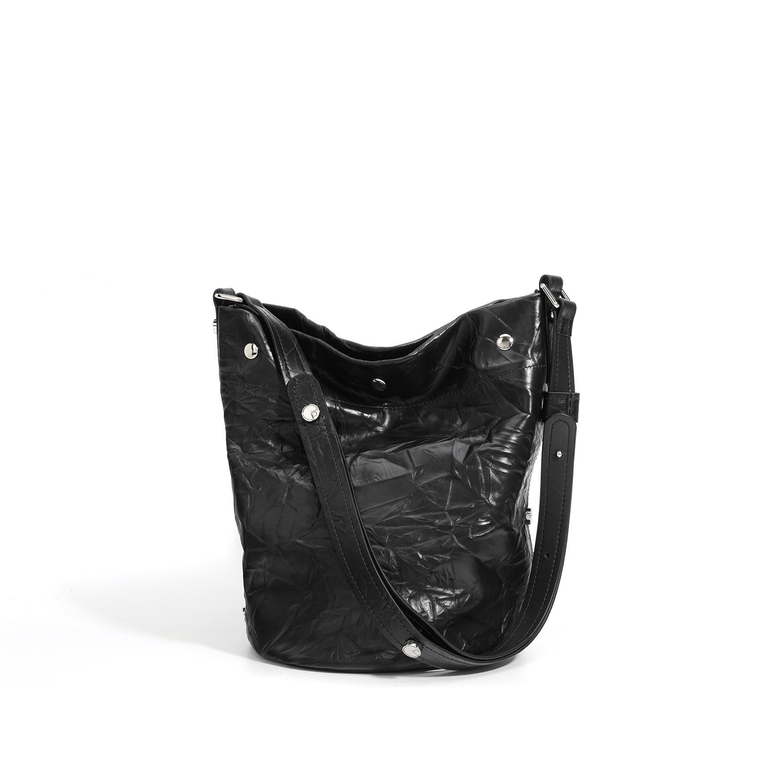 

Нишевая сумка-ведро большой вместимости, плиссированная сумка через плечо из коровьей кожи, трендовая повседневная ретро женская сумка из натуральной кожи, сумка-мессенджер для работы чёрный