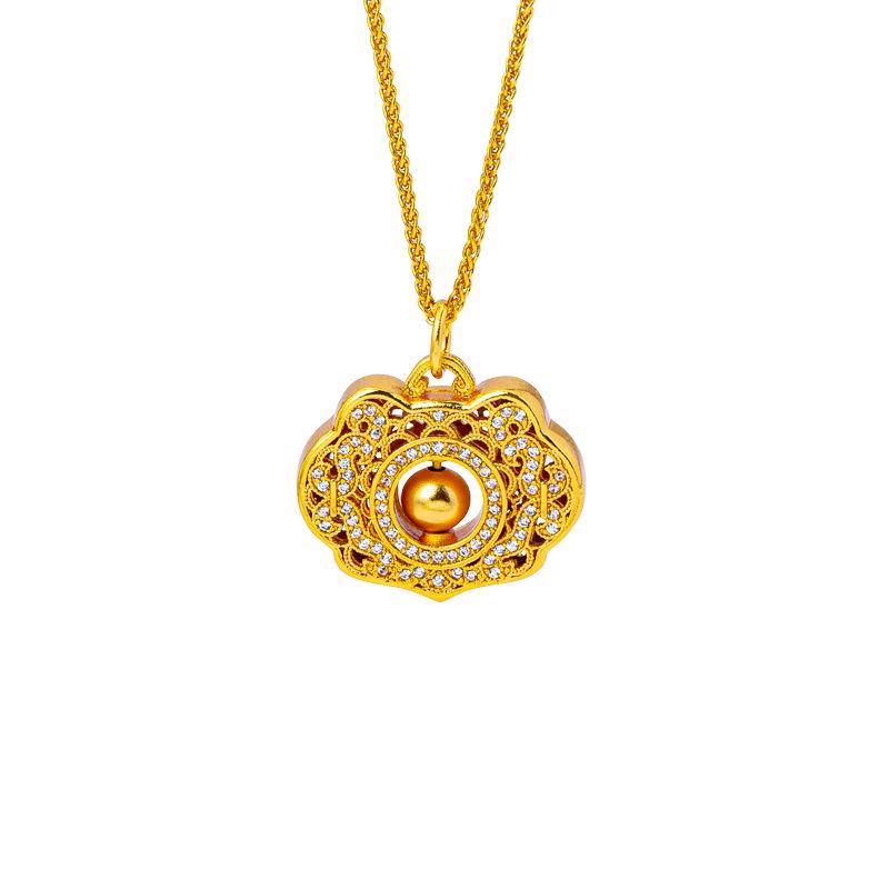 New Chinese-Style Diamond-Inlaid Openwork Peace Lock Necklace: Women's Ethnic Vietnamese Sand Gold Pendant, Trendy Long-Lasting Color Jewelry.