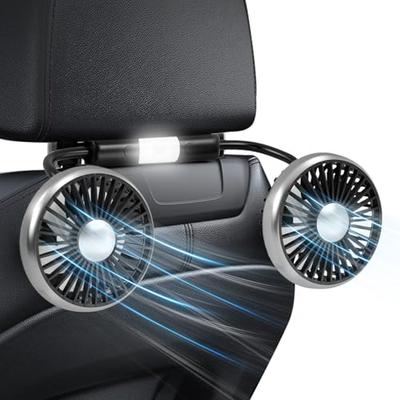 Dealswin Car Fan, Double-Headed Car Fan, Low Noise, for Back Seats, with Light, 3 Airflow Settings, Low Noise, 360° Adjustable Angle, Perfect for Car