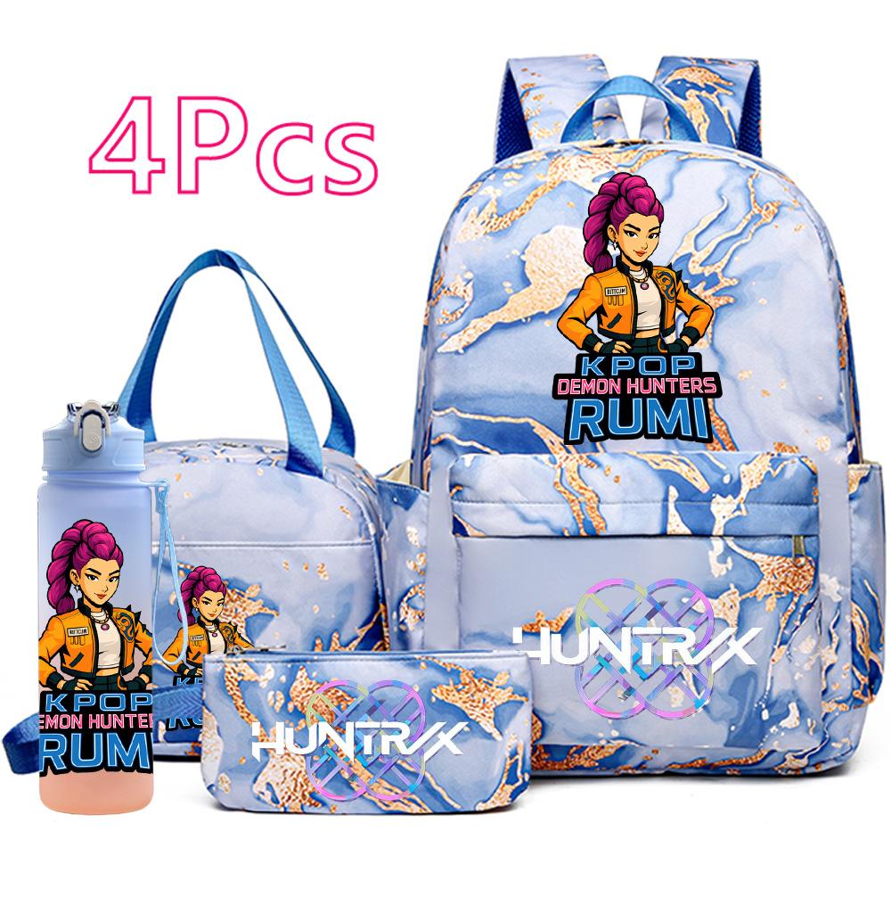 4 st/set K-Pop Tryckt Ryggsäck Handväska Pennfodral med 750 ml Vattenflaska för Tonårspojke Flicka Skolväska Student Stor Kapacitet Bokväska Barn Gåva