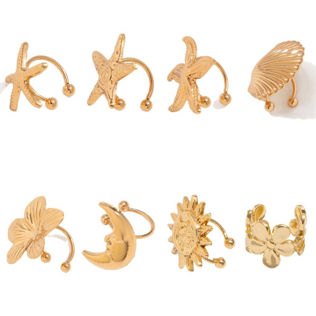 Holiday Wind Starfish Shell C-Shaped Earrings Simple Metal Flower Moon Earrings