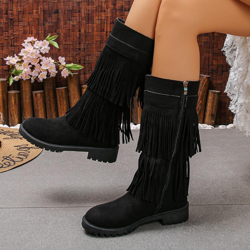 Comércio exterior novas botas de camurça europeias e americanas de camada dupla com franjas botas altas de cowboy de salto grosso com zíper lateral para mulheres