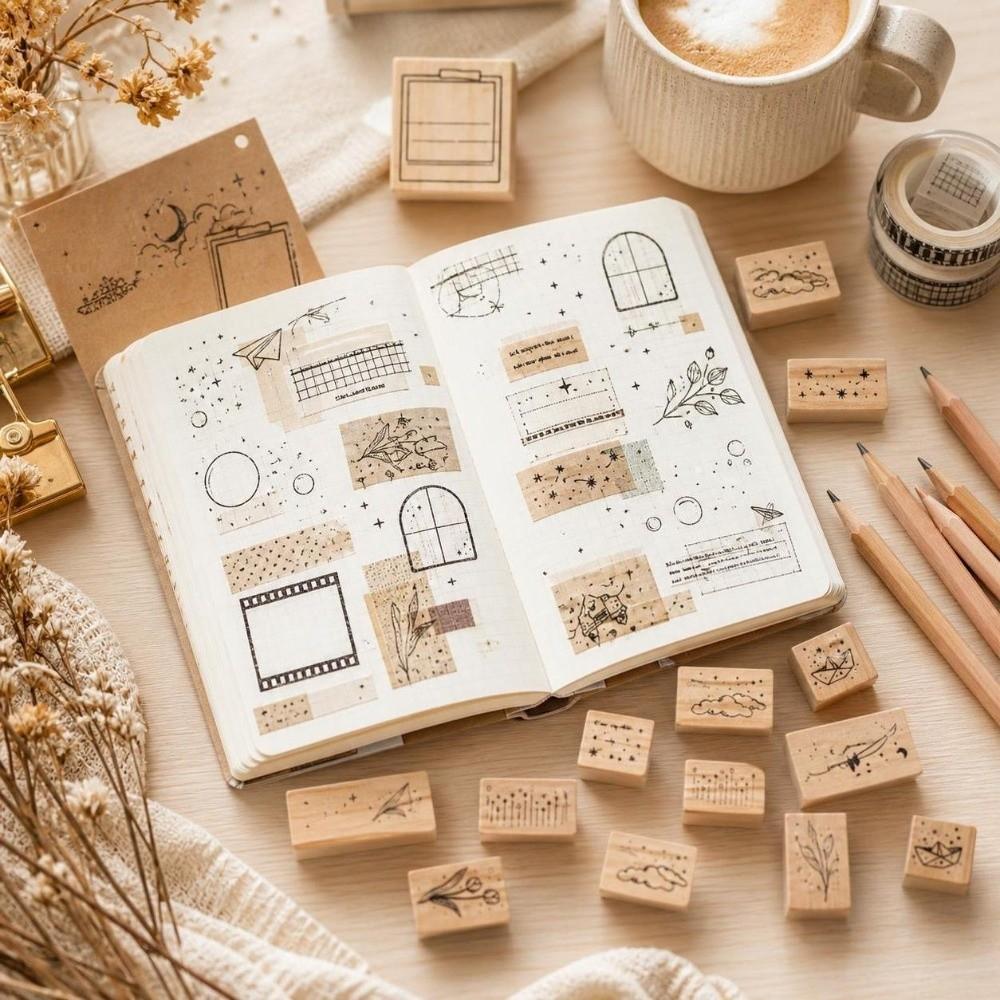 16pcs Delicate Carving Wooden Rubber Stamp Set Clear Imprint Rectangle Stamp Set  For DIY Crafts