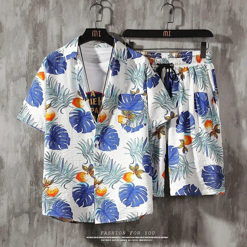Erkek Set Kısa Kollu Hawaii Gömlek ve Şort Yaz Rahat Çiçek Gömlek Plaj Iki Parçalı Takım Elbise Moda Erkek Setleri