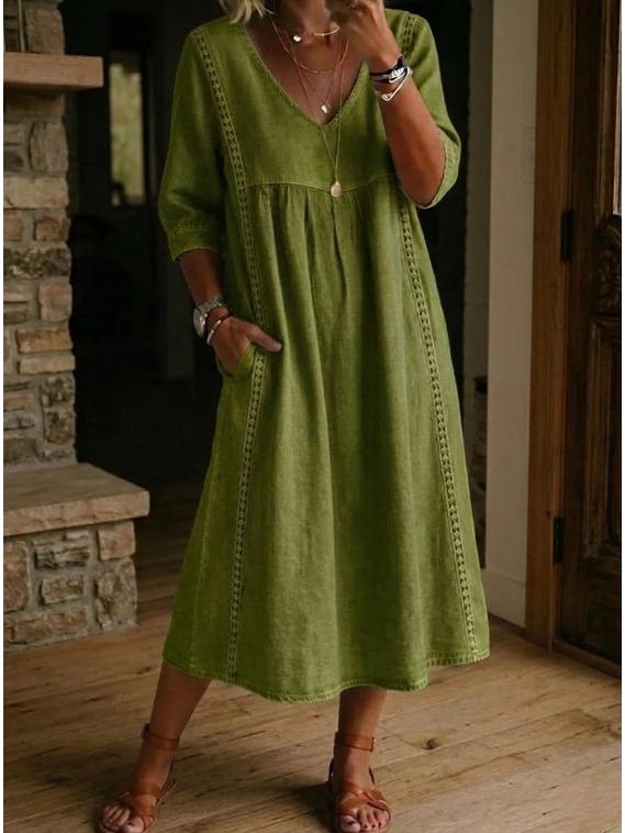 2026 European & American V-Neck Patchwork Lace Trim Linen-Cotton Casual Dress