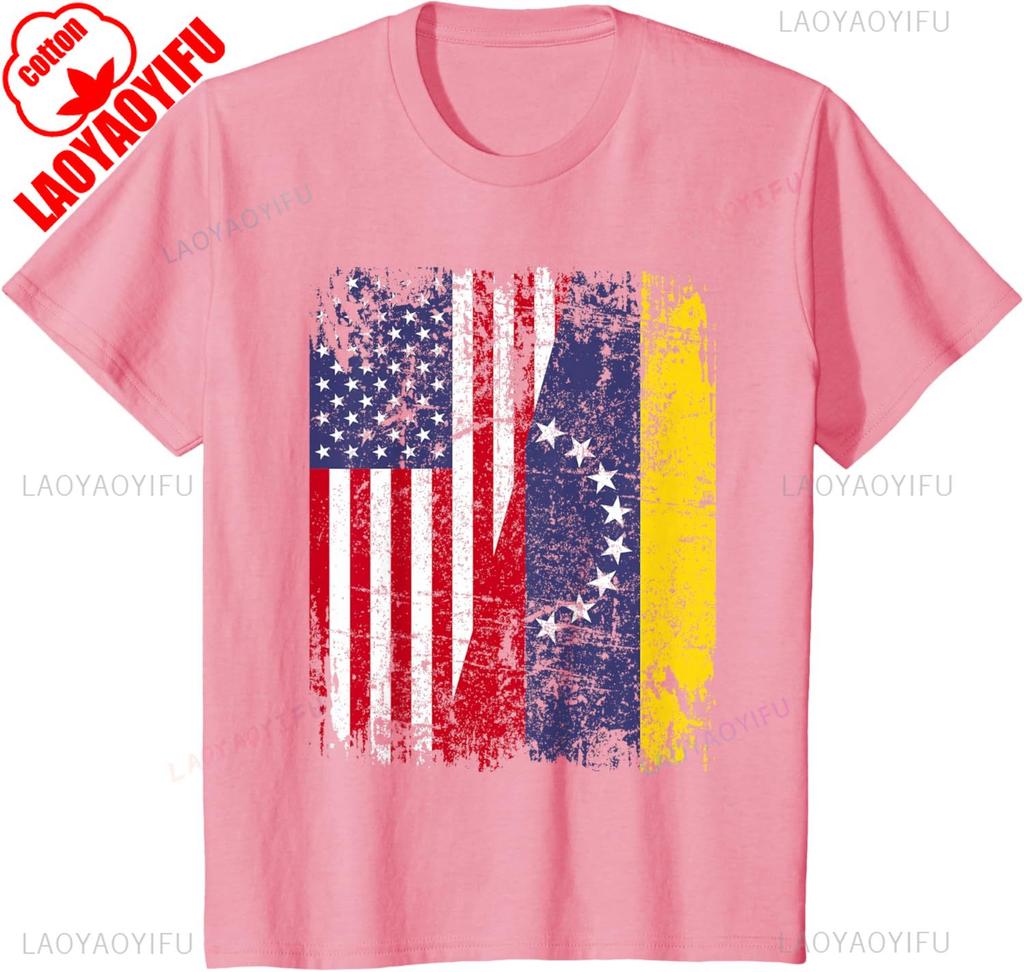 Venezuelan Roots Half American Flag Cotton TShirt Summer Casual Patriotic Gift Lightweight Breathable Trendy for Unisex WOMEN
