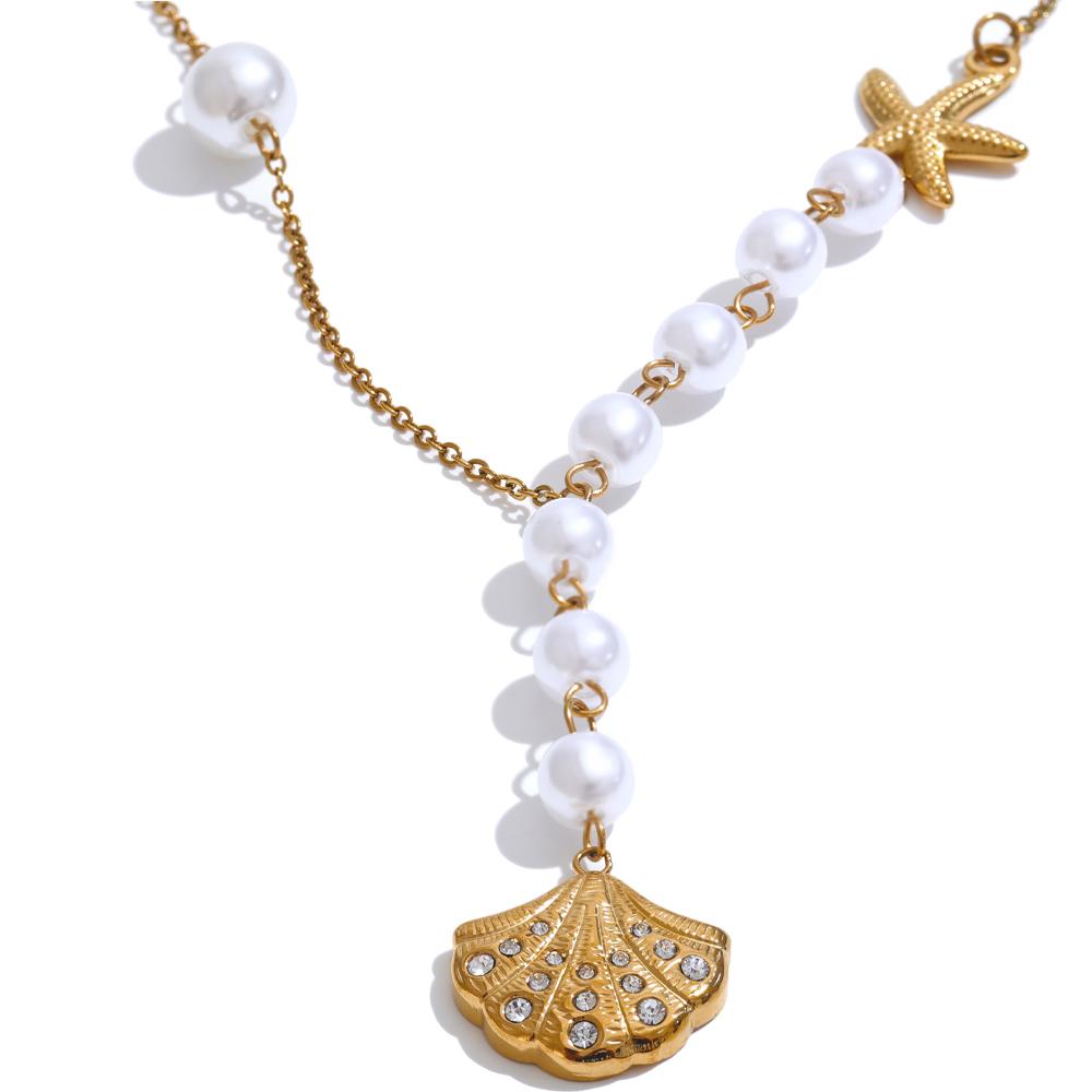 Yhpup Trendy Simulated Pearls Bead Chain Pendant Shell Zircon Necklace 18K PVD Plated High Quality Fashion Summer Jewelry