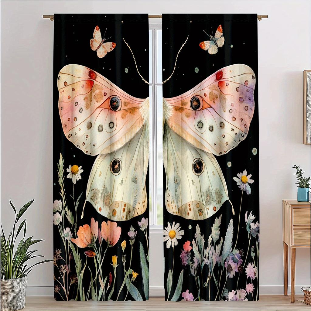 2pcs Bohemian Butterfly Curtains   Moon Galaxy Moth Botanical Design for Bedroom Decor Decorative Curtains