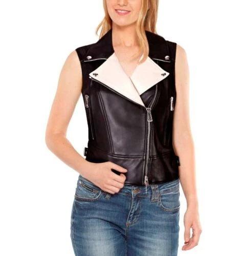 Waistcoat Lambskin Black & White Stylish Party Women Leather Vest Coat Zipper