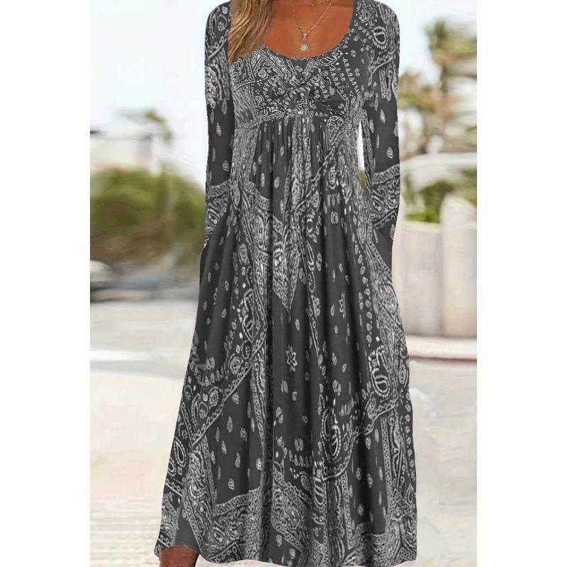 Autumn Women Print Dress Ladies Skirt Autumn Round Neck Print Long Sleeve Women Long Dress
