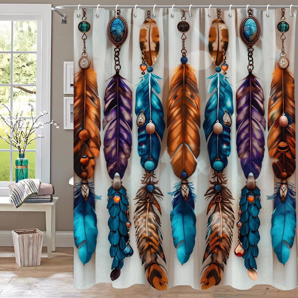 1Pc Colorful Bohemian Feather Print Shower Curtain Partition Privacy Hanging Bathroom Curtain With 12 Hooks Machine Washable