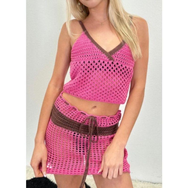 Fashion Summer Knitting Suit 2025 Women's Clothing V Neck Sleeveless Midriff-Baring Vest Sexy See-through Short Skirt Two-piece Set